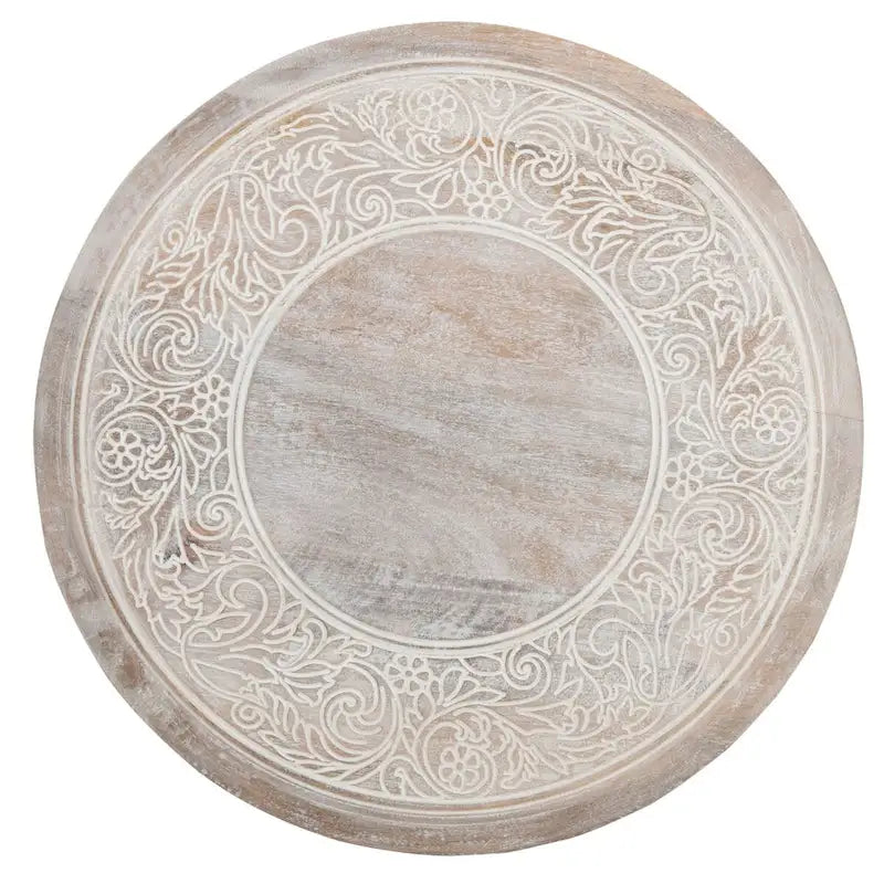Table d'appoint florale sculptée en bois de manguier blanchi