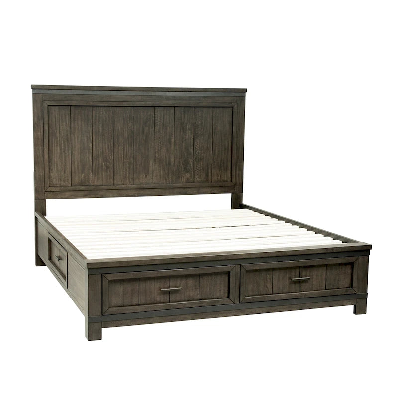 Lit de rangement queen à panneau de planches gris foncé avec accents de métal martelé – 1 place