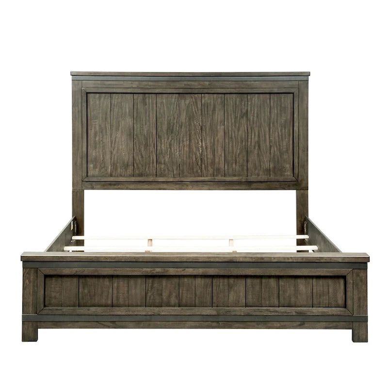 Lit de rangement queen à panneau de planches gris foncé avec accents de métal martelé – 1 place