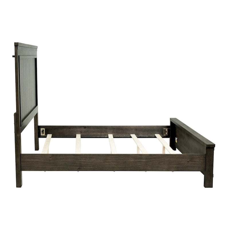 Lit de rangement queen à panneau de planches gris foncé avec accents de métal martelé – 1 place