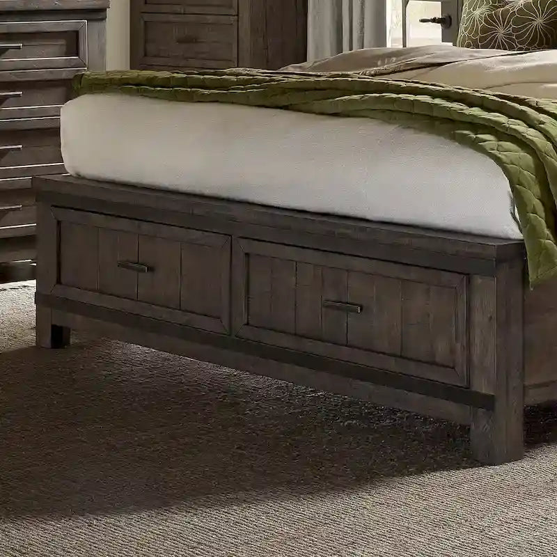 Lit de rangement queen à panneau de planches gris foncé avec accents de métal martelé – 1 place