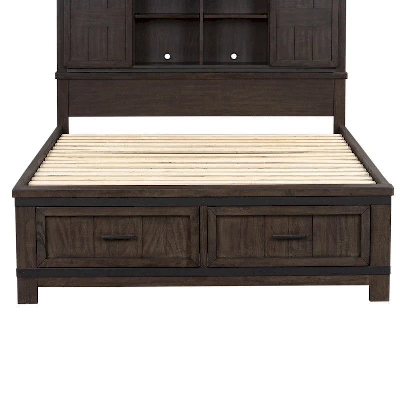 Lit de rangement queen à panneau de planches gris foncé avec accents de métal martelé – 1 place