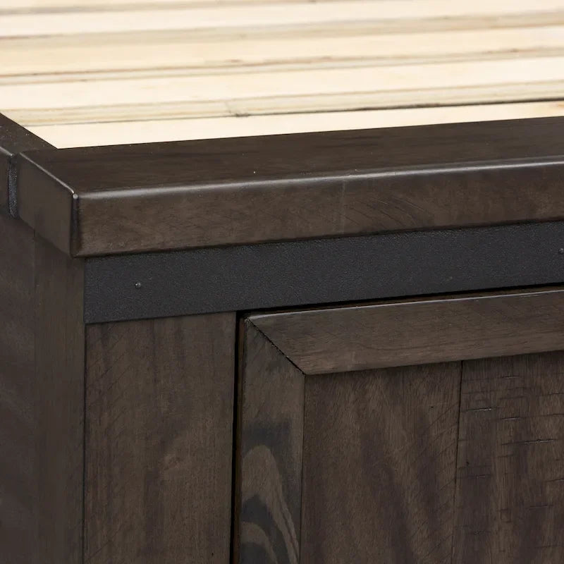 Lit de rangement queen à panneau de planches gris foncé avec accents de métal martelé – 1 place