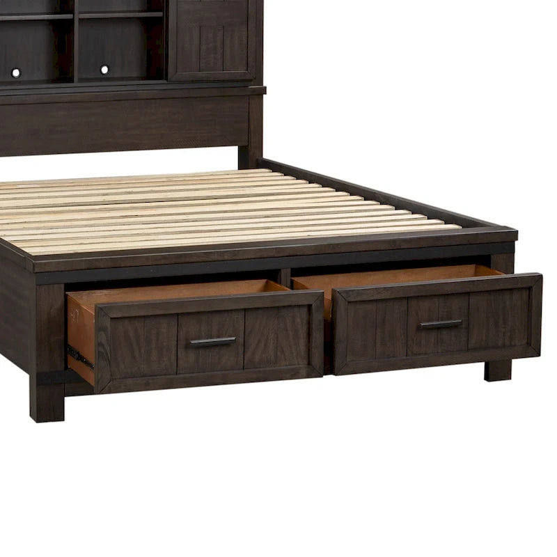 Lit de rangement queen à panneau de planches gris foncé avec accents de métal martelé – 1 place