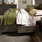 Lit de rangement queen à panneau de planches gris foncé avec accents de métal martelé – 1 place