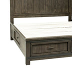 Lit de rangement queen à panneau de planches gris foncé avec accents de métal martelé – 1 place