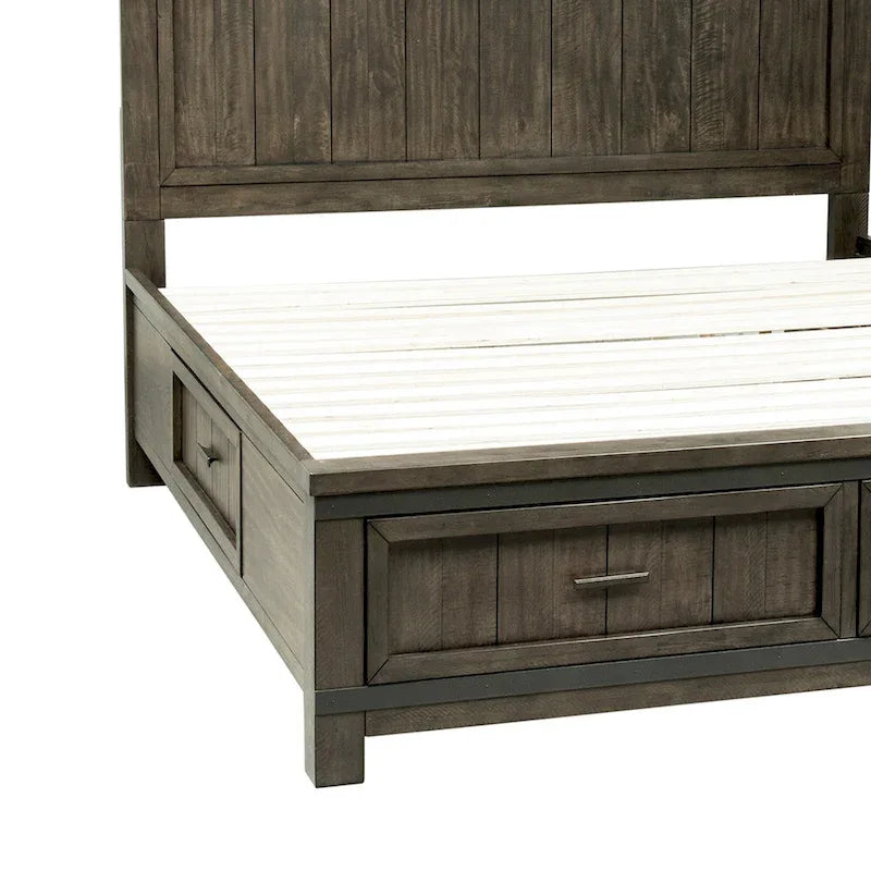 Lit de rangement queen à panneau de planches gris foncé avec accents de métal martelé – 1 place