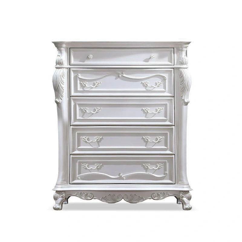 Commode 5 tiroirs en bois massif, blanc/cerisier, style baroque, avec détails sculptés et intérieur en cèdre
