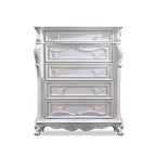 Commode 5 tiroirs en bois massif, blanc/cerisier, style baroque, avec détails sculptés et intérieur en cèdre