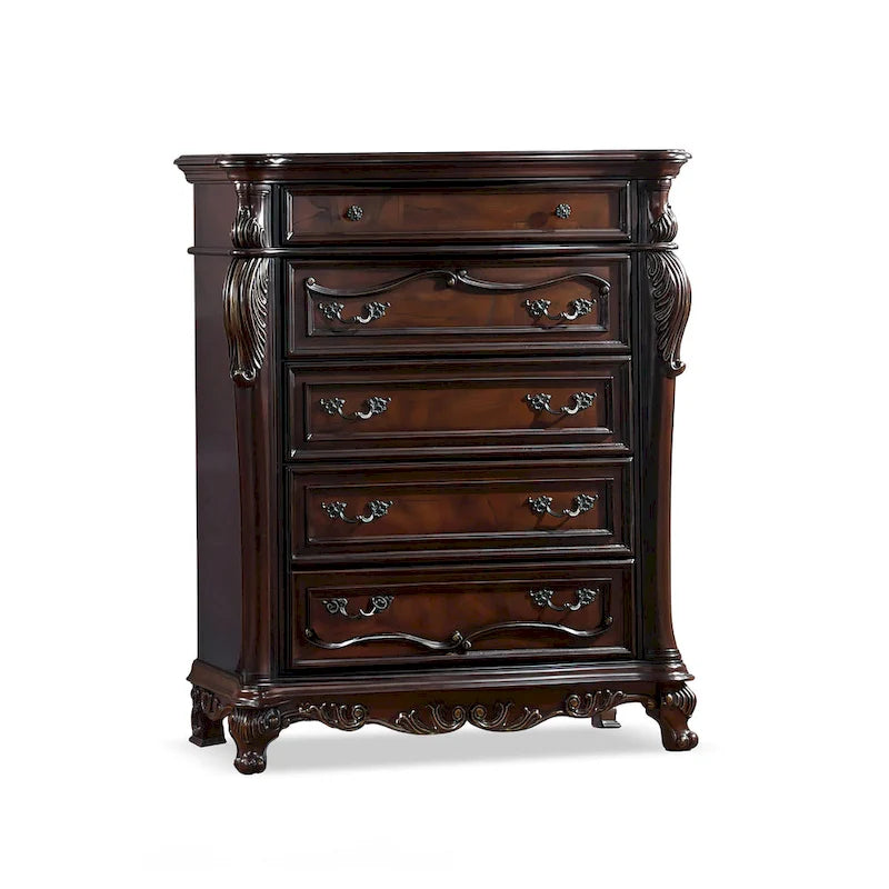 Commode 5 tiroirs en bois massif, blanc/cerisier, style baroque, avec détails sculptés et intérieur en cèdre