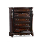 Commode 5 tiroirs en bois massif, blanc/cerisier, style baroque, avec détails sculptés et intérieur en cèdre
