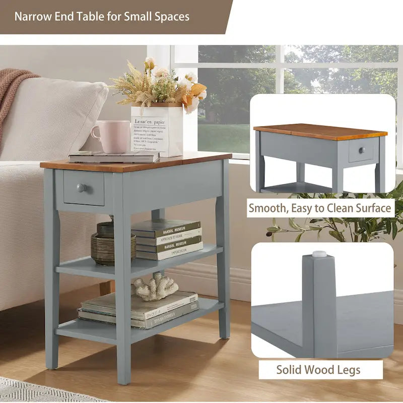Table d'appoint étroite grise/blanche avec station de charge intégrée, tiroir et étagères