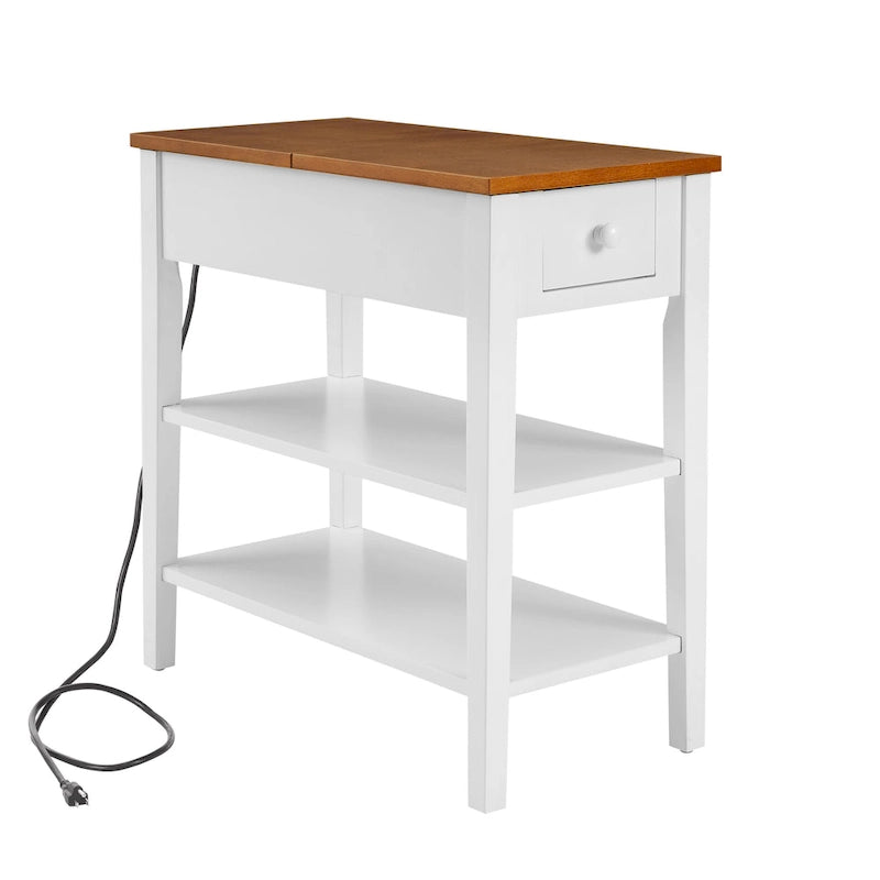 Table d'appoint étroite grise/blanche avec station de charge intégrée, tiroir et étagères