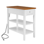 Table d'appoint étroite grise/blanche avec station de charge intégrée, tiroir et étagères