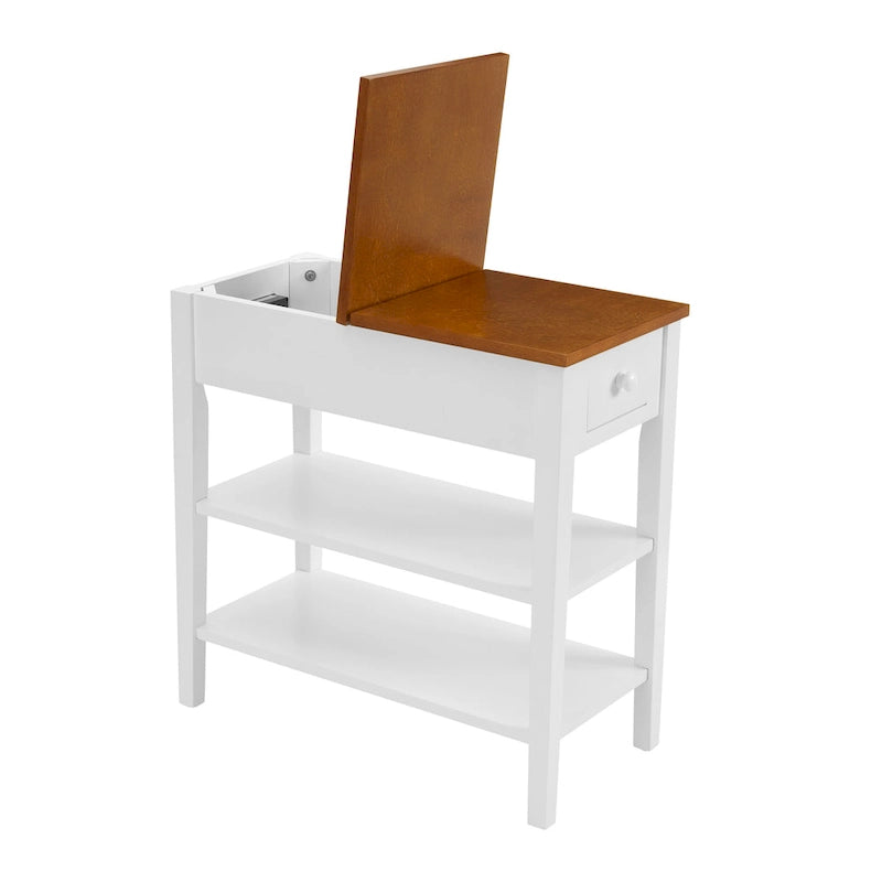 Table d'appoint étroite grise/blanche avec station de charge intégrée, tiroir et étagères