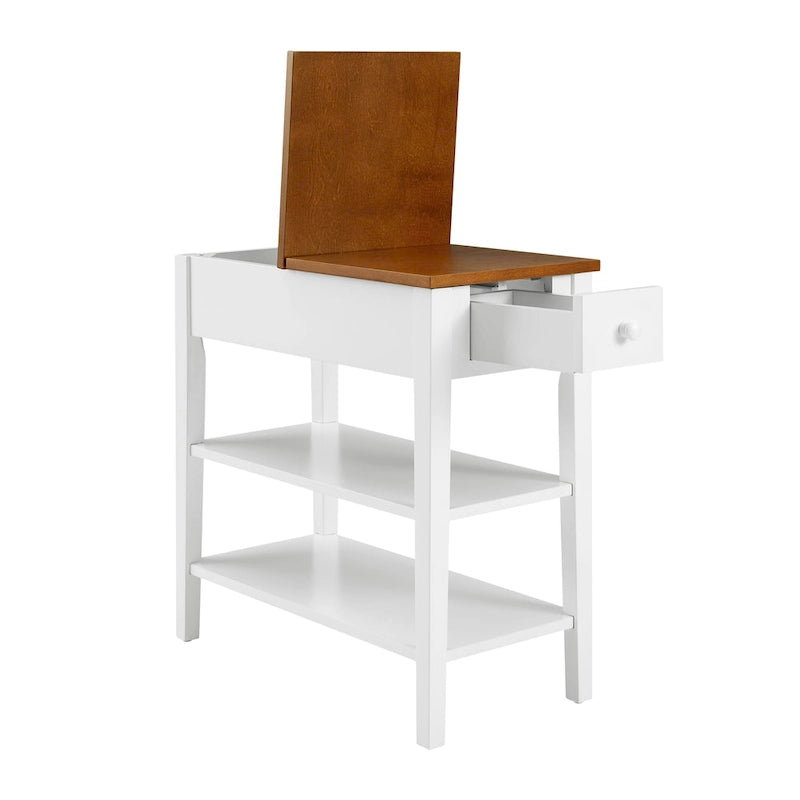 Table d'appoint étroite grise/blanche avec station de charge intégrée, tiroir et étagères
