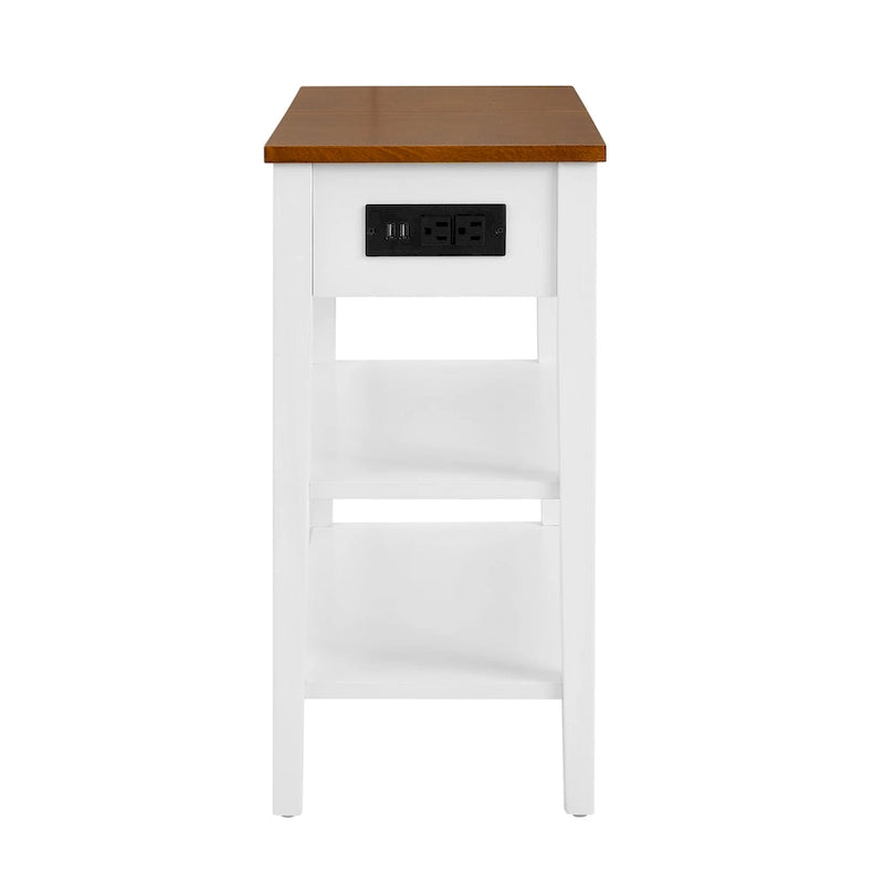 Table d'appoint étroite grise/blanche avec station de charge intégrée, tiroir et étagères