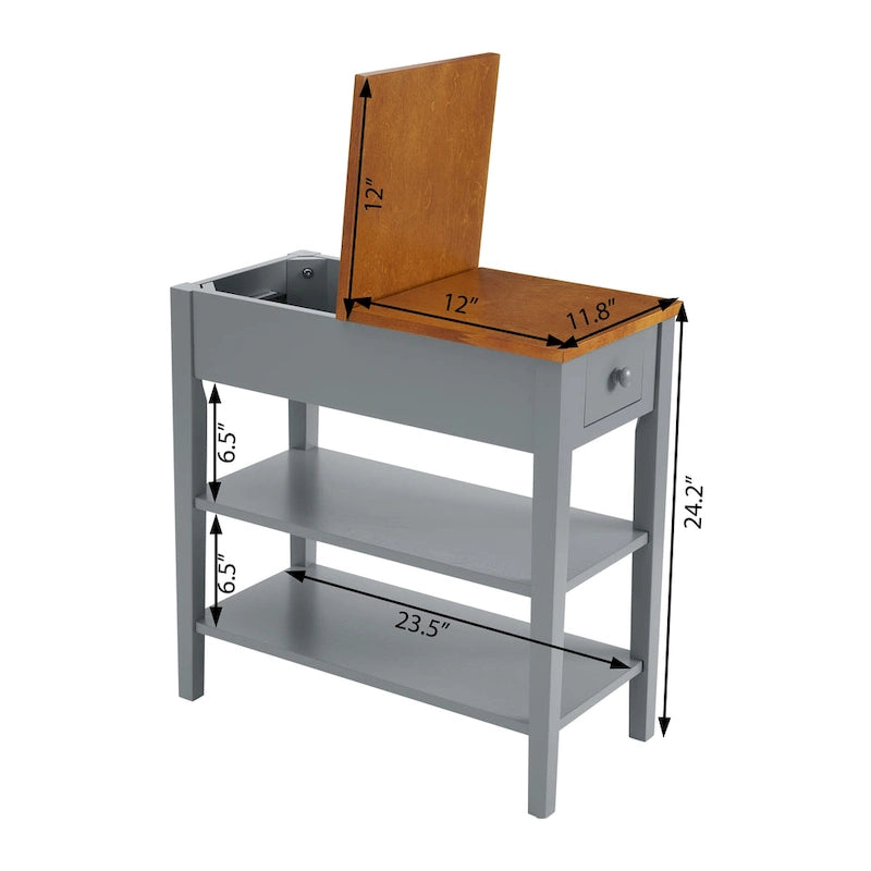 Table d'appoint étroite grise/blanche avec station de charge intégrée, tiroir et étagères