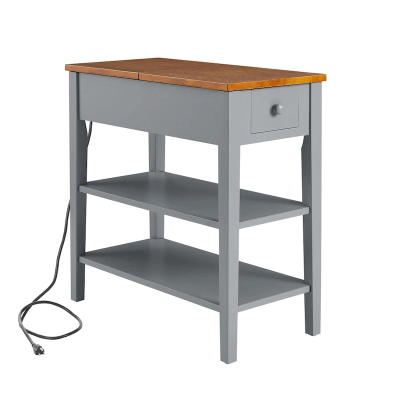 Table d'appoint étroite grise/blanche avec station de charge intégrée, tiroir et étagères