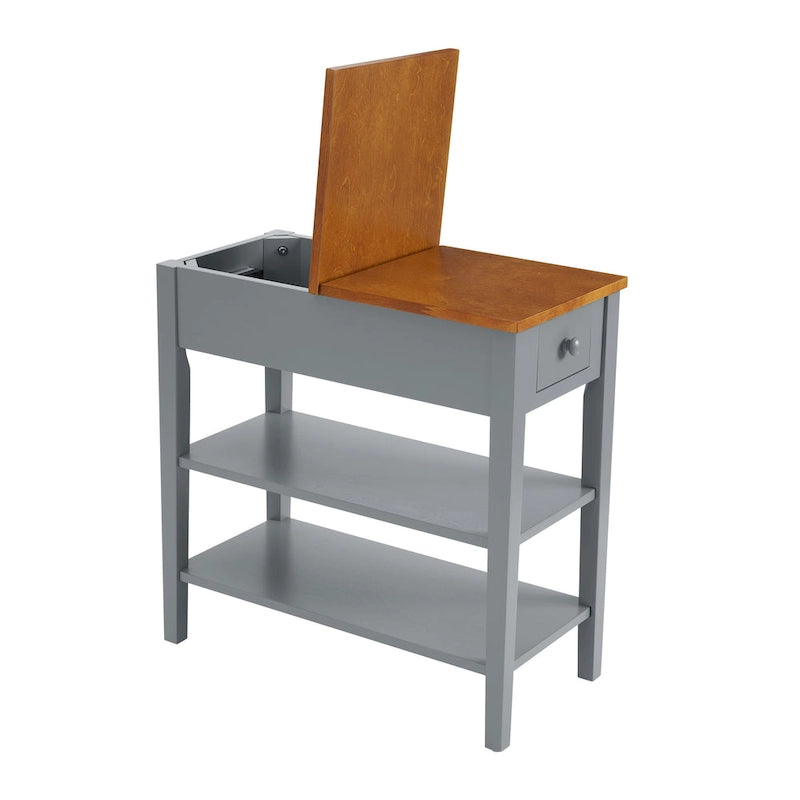 Table d'appoint étroite grise/blanche avec station de charge intégrée, tiroir et étagères