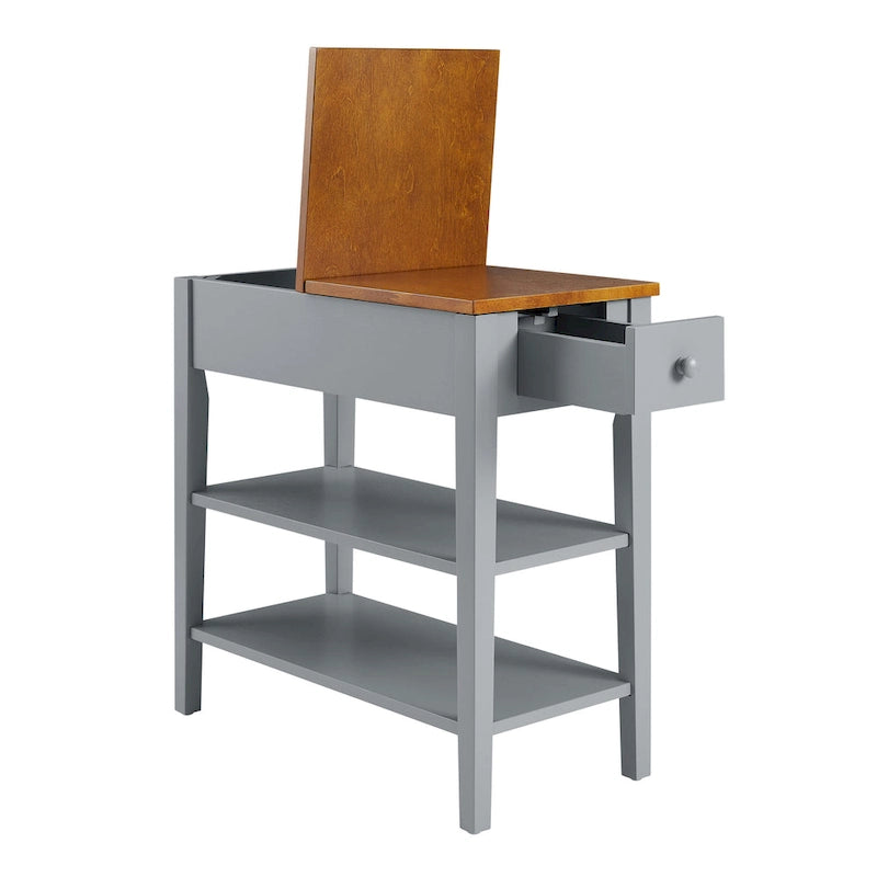 Table d'appoint étroite grise/blanche avec station de charge intégrée, tiroir et étagères