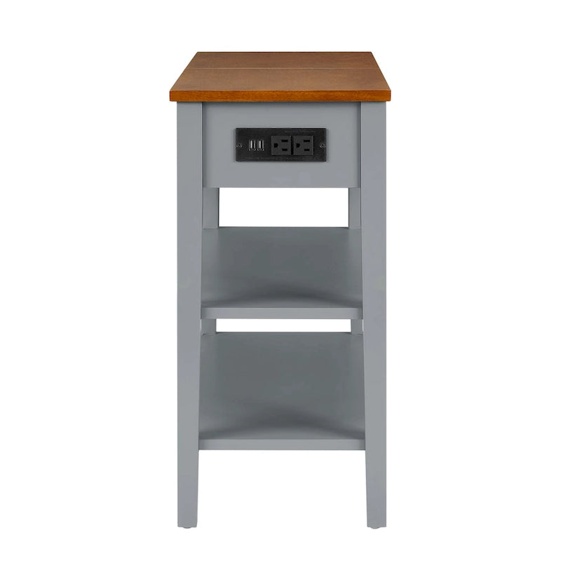 Table d'appoint étroite grise/blanche avec station de charge intégrée, tiroir et étagères