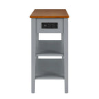 Table d'appoint étroite grise/blanche avec station de charge intégrée, tiroir et étagères