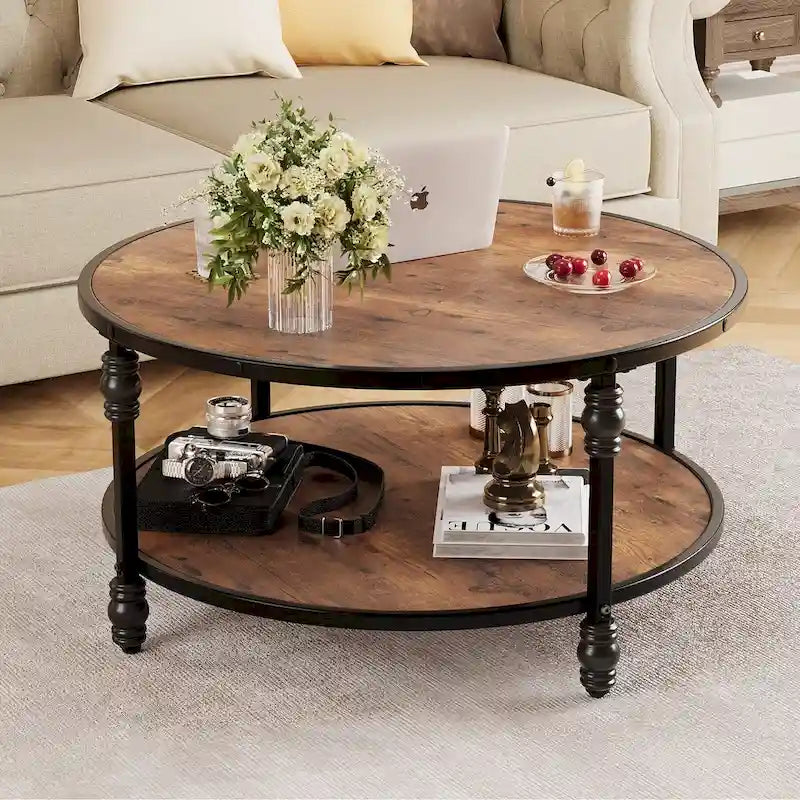 Table basse ronde à 2 niveaux en noyer/brun avec pieds en colonne romaine