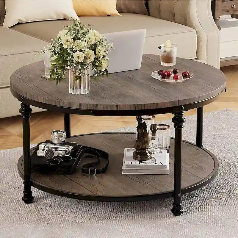 Table basse ronde à 2 niveaux en noyer/brun avec pieds en colonne romaine