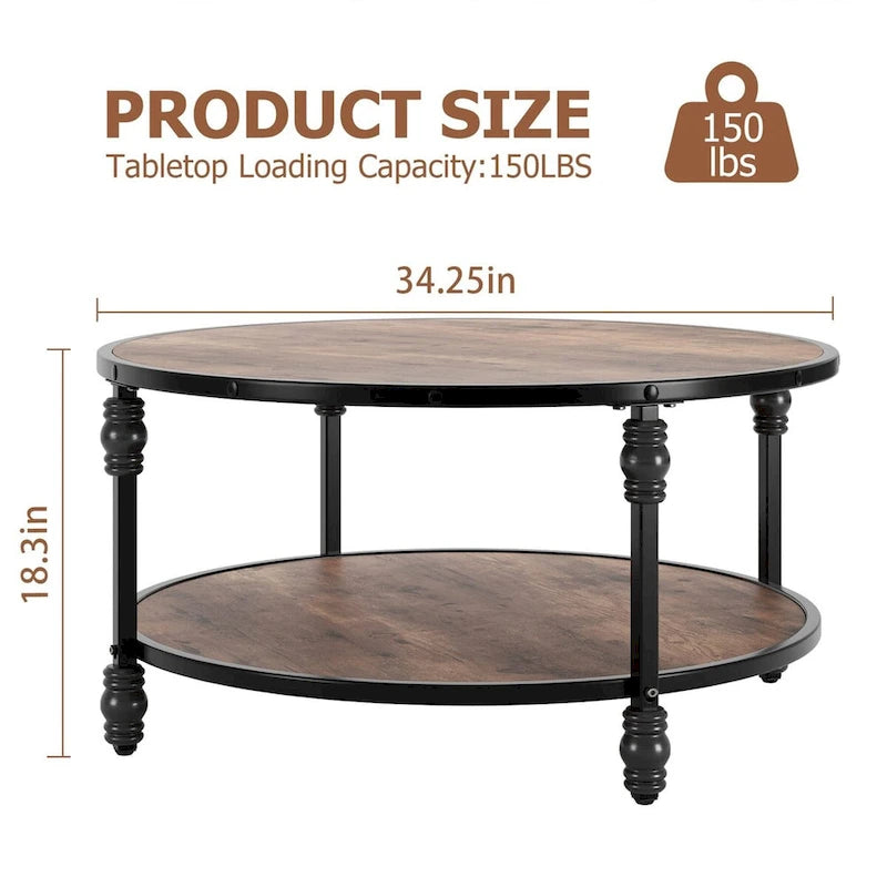 Table basse ronde à 2 niveaux en noyer/brun avec pieds en colonne romaine