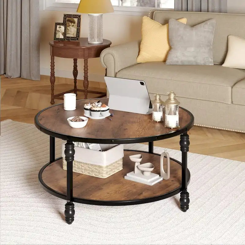 Table basse ronde à 2 niveaux en noyer/brun avec pieds en colonne romaine