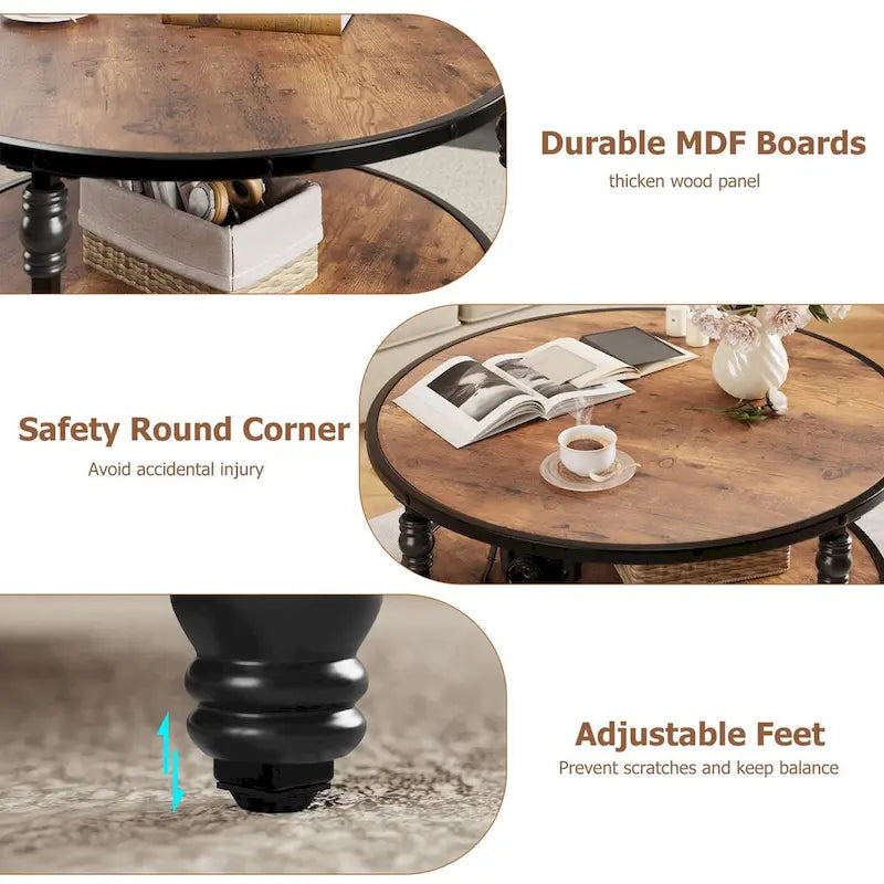 Table basse ronde à 2 niveaux en noyer/brun avec pieds en colonne romaine