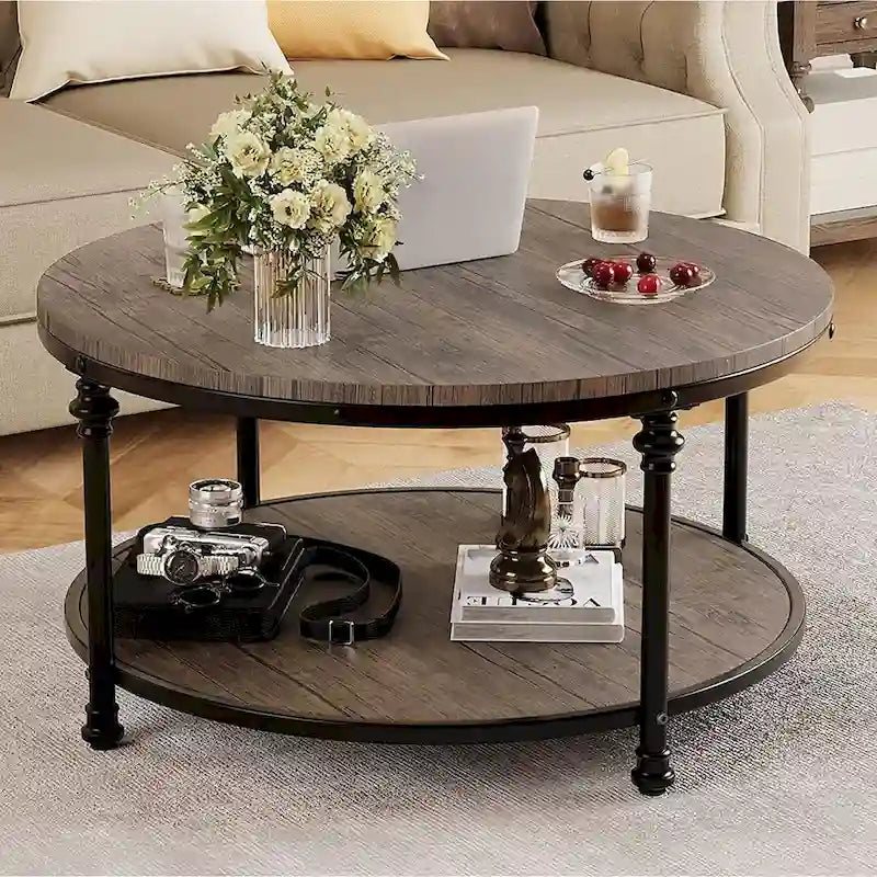 Table basse ronde à 2 niveaux en noyer/brun avec pieds en colonne romaine