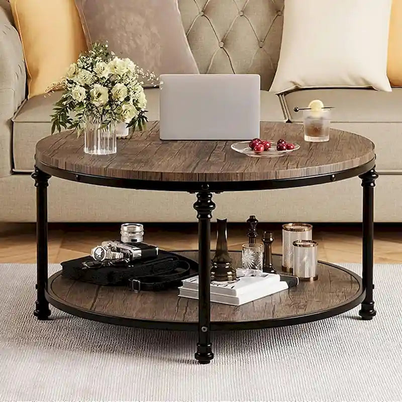 Table basse ronde à 2 niveaux en noyer/brun avec pieds en colonne romaine