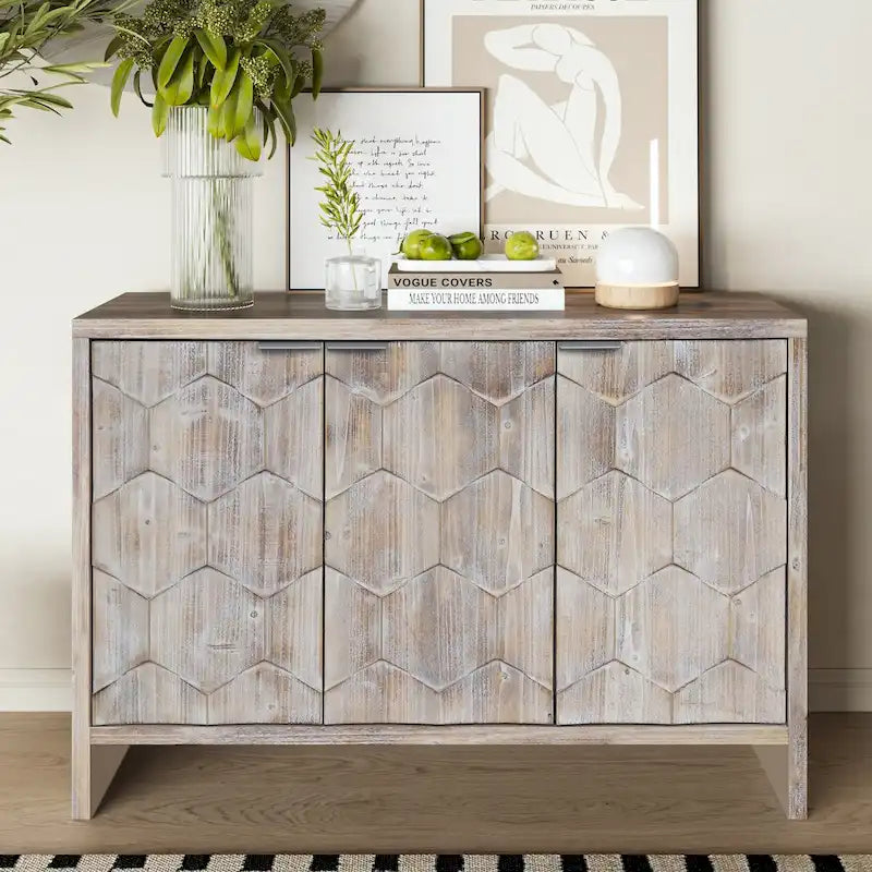 Bahut/Meuble de rangement 3 portes en bois naturel cannelé avec étagères réglables