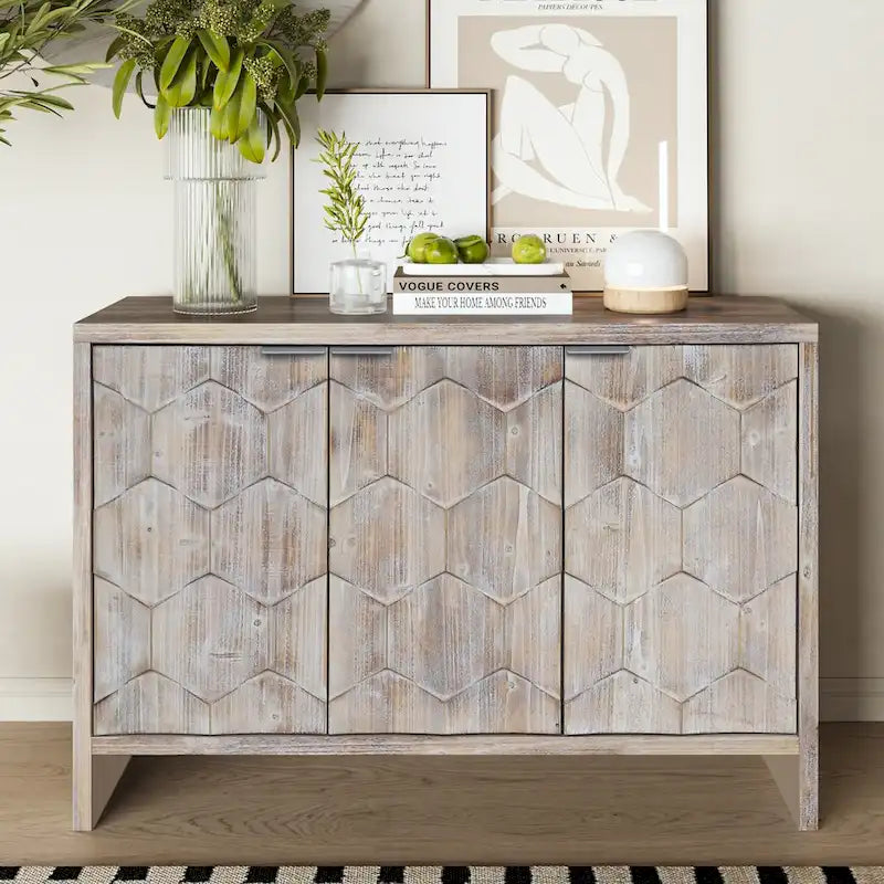 Bahut/Meuble de rangement 3 portes en bois naturel cannelé avec étagères réglables