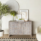 Bahut/Meuble de rangement 3 portes en bois naturel cannelé avec étagères réglables