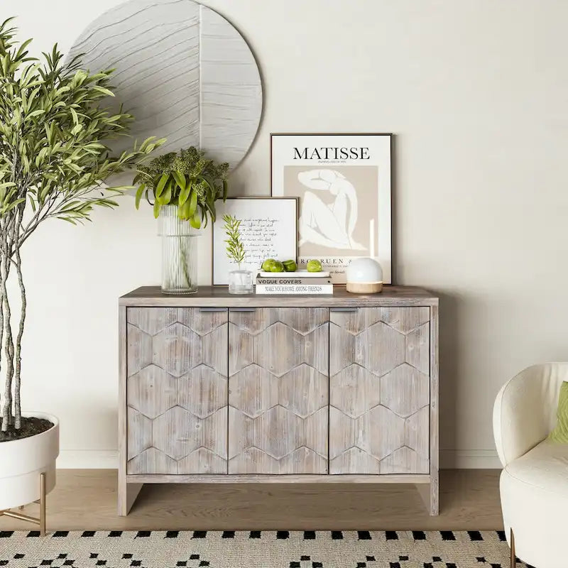 Bahut/Meuble de rangement 3 portes en bois naturel cannelé avec étagères réglables