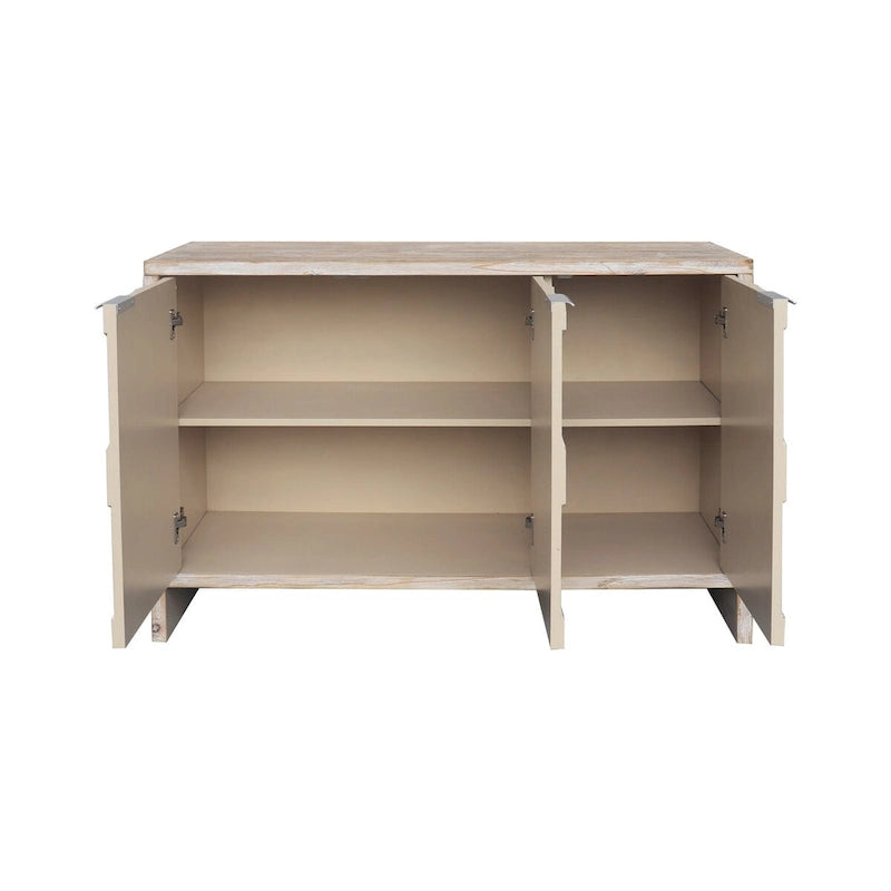 Bahut/Meuble de rangement 3 portes en bois naturel cannelé avec étagères réglables