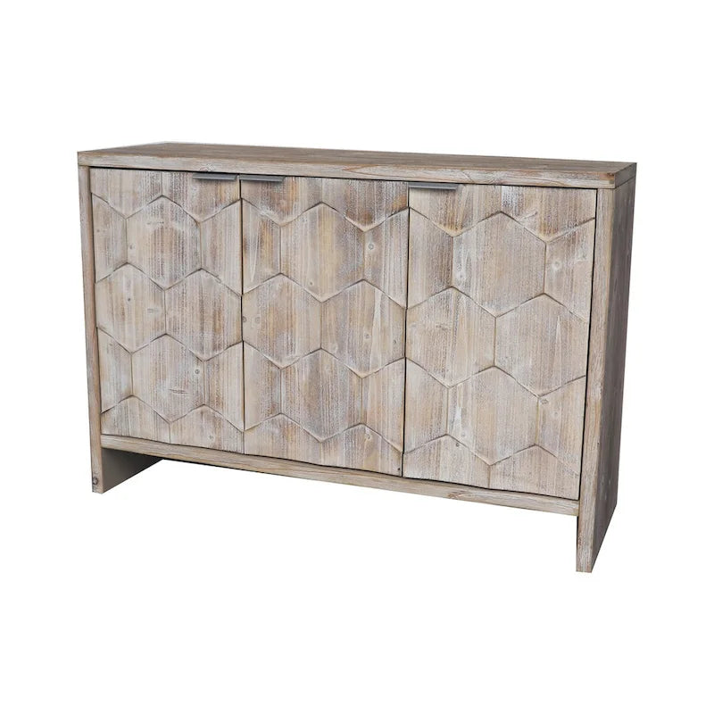 Bahut/Meuble de rangement 3 portes en bois naturel cannelé avec étagères réglables