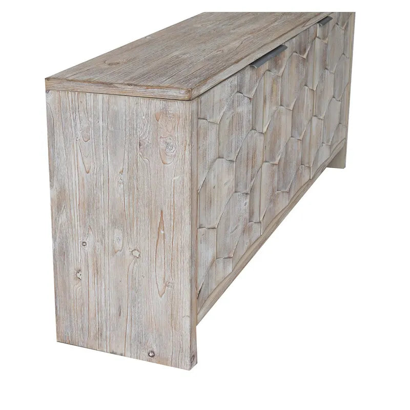 Bahut/Meuble de rangement 3 portes en bois naturel cannelé avec étagères réglables