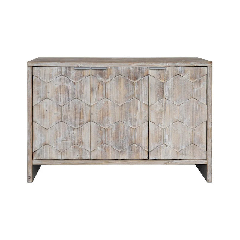 Bahut/Meuble de rangement 3 portes en bois naturel cannelé avec étagères réglables