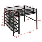 Lit mezzanine double en métal avec bureau, étagères à 4 niveaux et garde-corps – 1 place – Blanc/Bleu/Rose/Noir