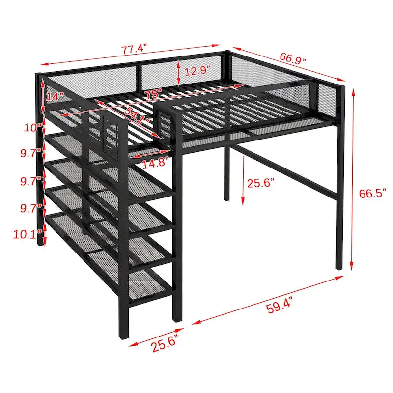 Lit mezzanine double en métal avec bureau, étagères à 4 niveaux et garde-corps – 1 place – Blanc/Bleu/Rose/Noir