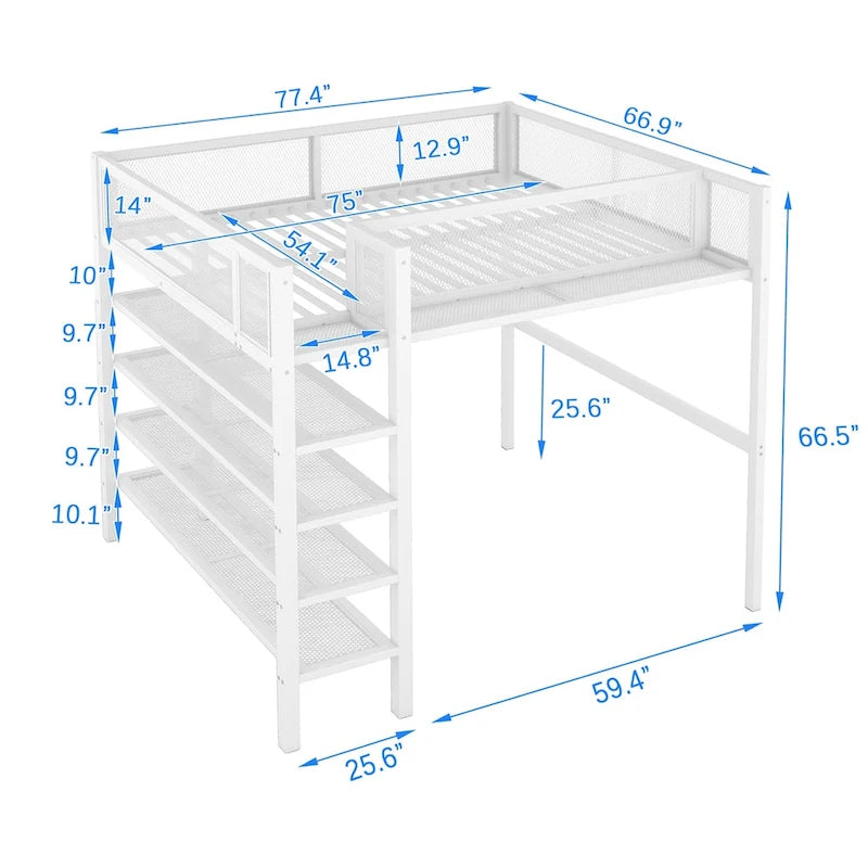 Lit mezzanine double en métal avec bureau, étagères à 4 niveaux et garde-corps – 1 place – Blanc/Bleu/Rose/Noir