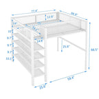 Lit mezzanine double en métal avec bureau, étagères à 4 niveaux et garde-corps – 1 place – Blanc/Bleu/Rose/Noir
