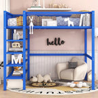 Lit mezzanine double en métal avec bureau, étagères à 4 niveaux et garde-corps – 1 place – Blanc/Bleu/Rose/Noir