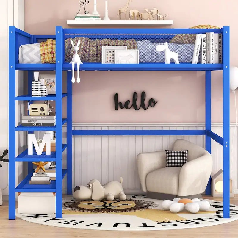 Lit mezzanine double en métal avec bureau, étagères à 4 niveaux et garde-corps – 1 place – Blanc/Bleu/Rose/Noir