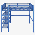 Lit mezzanine double en métal avec bureau, étagères à 4 niveaux et garde-corps – 1 place – Blanc/Bleu/Rose/Noir