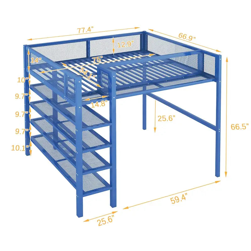 Lit mezzanine double en métal avec bureau, étagères à 4 niveaux et garde-corps – 1 place – Blanc/Bleu/Rose/Noir